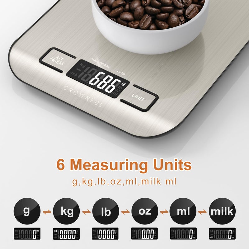 Crownful Food Scale, 11 lb Digital Kitchen Scales with Built-in Coin Battery, Weight Ounces and Grams for Cooking and Baking, 6 Units with Tare Function, LCD Display, 304 Stainless Steel - Image 2